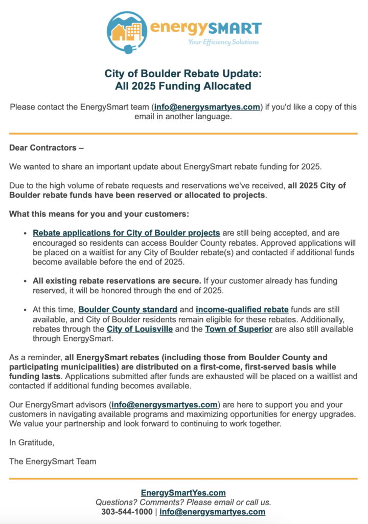 A September 8 2025 City of Boulder Rebate update from EnergySmart