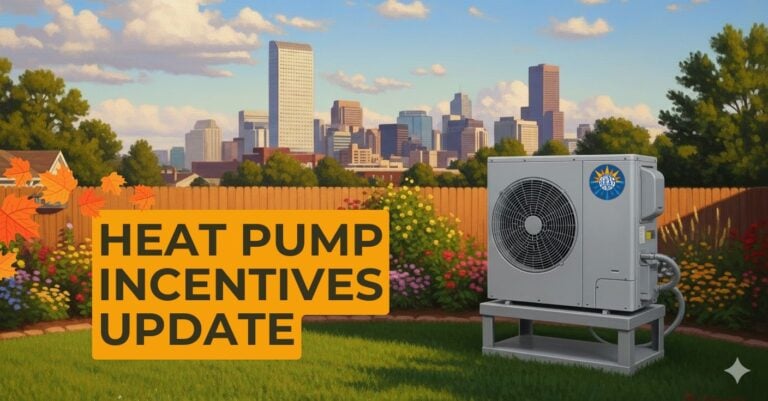 a heat pump installed in a Denver backyard with the city in the background and fall leaves indicating fall season around it. The words Heat Pump Incentives Update is on the left.