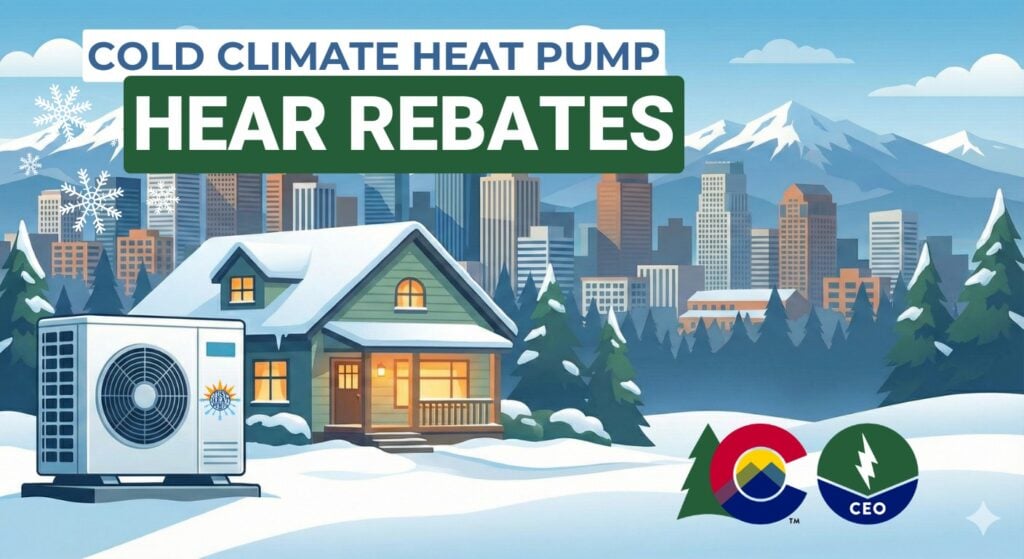 The Denver, CO cityscape in the background in winter with the words Colorado HEAR heat pump rebate program as the title, with a heat pump next to a home image.