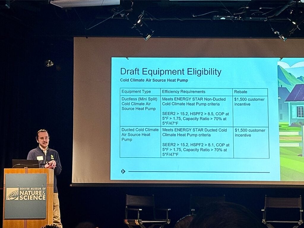 Power Ahead and DRCOG presented the heat pump equipment eligibility requirements at the latest EEBC meeting for the upcoming $1,500 rebate.