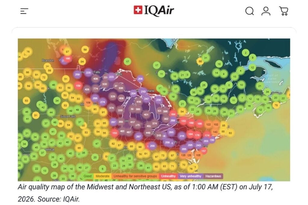 An indoor air quality map of the midwest during our visit, showing dangerous levels.