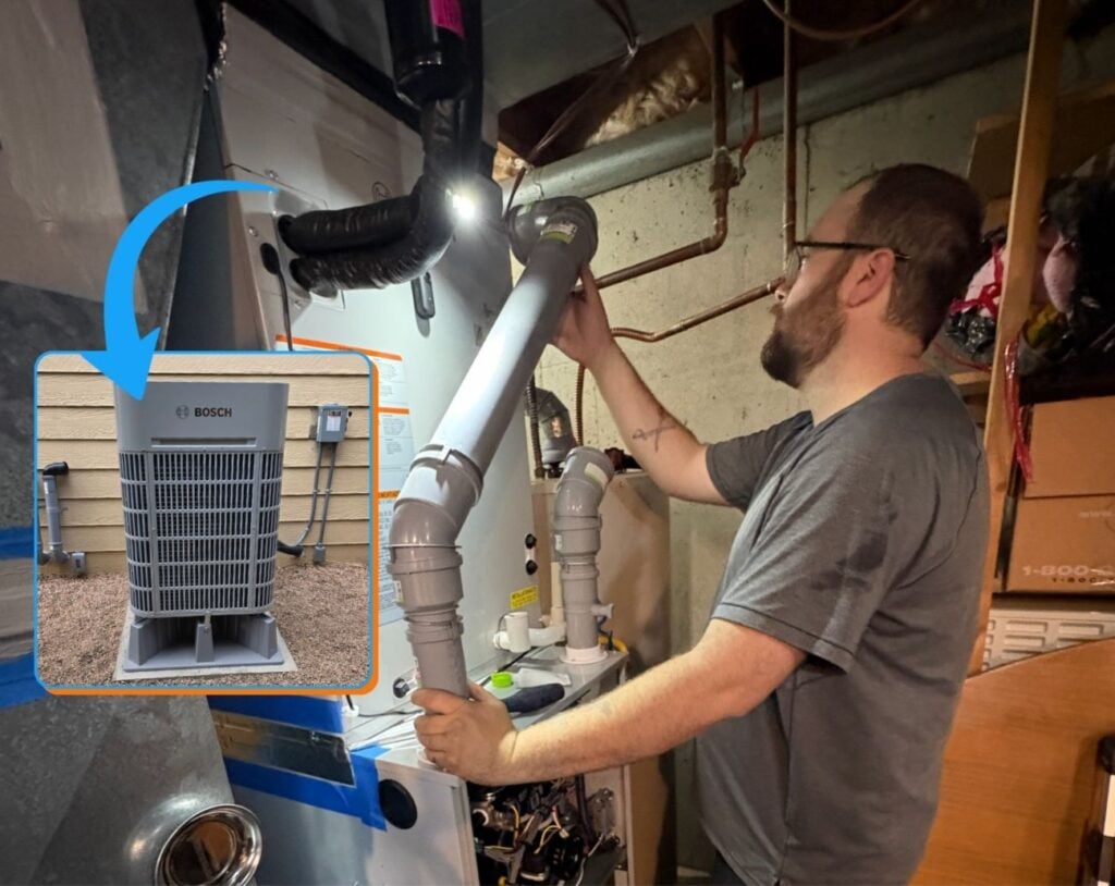 Justin installing our new Bosch Dual Fuel furnace in David's basement in Lakewood, CO