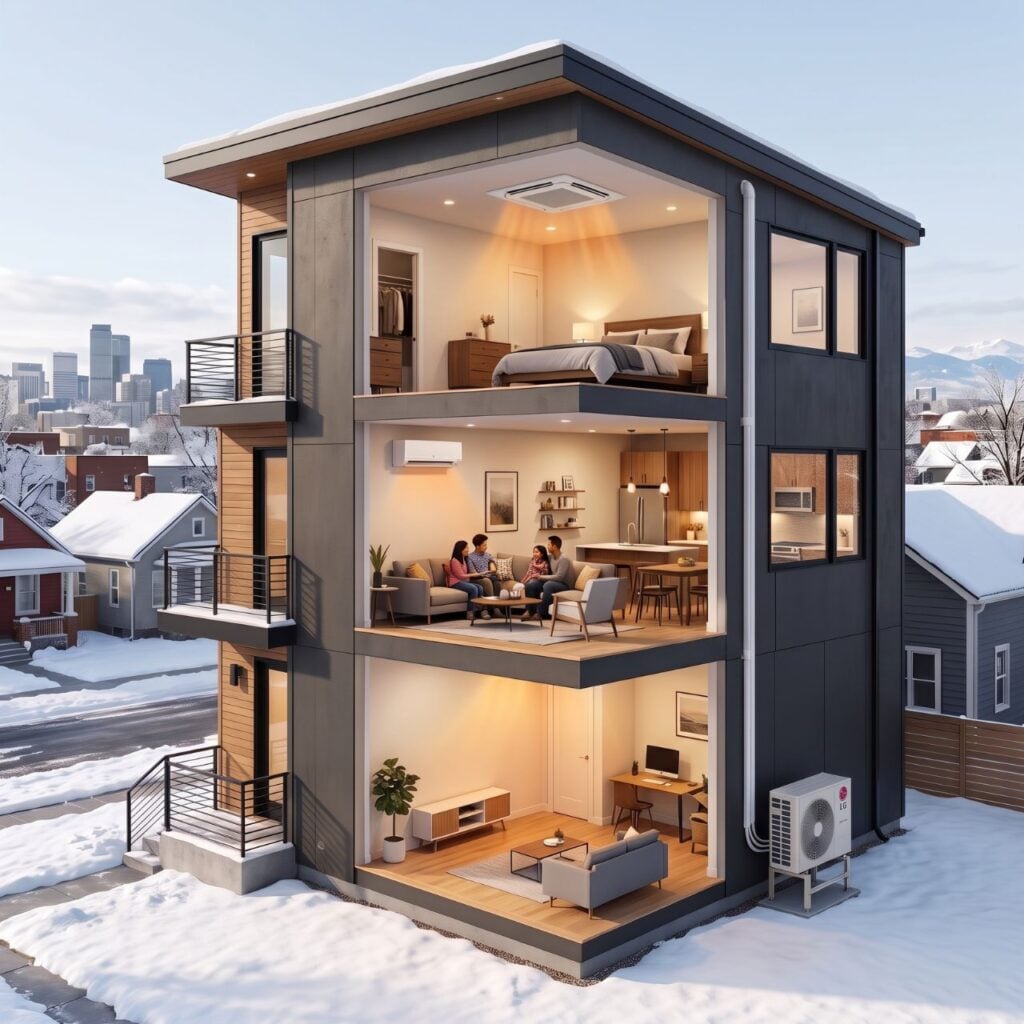 A cutaway of a 3-level modern Denver townhome with an LG RED F Max heat pump outside in the snow
