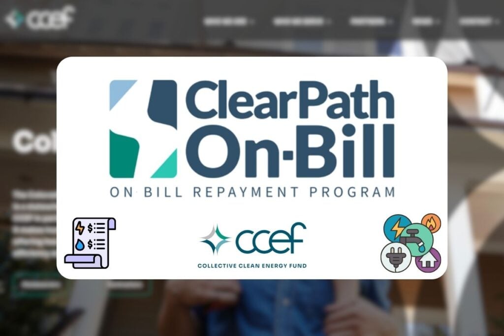 The ClearPath On-Bill logo with a utility bill and a heat pump logo on each side