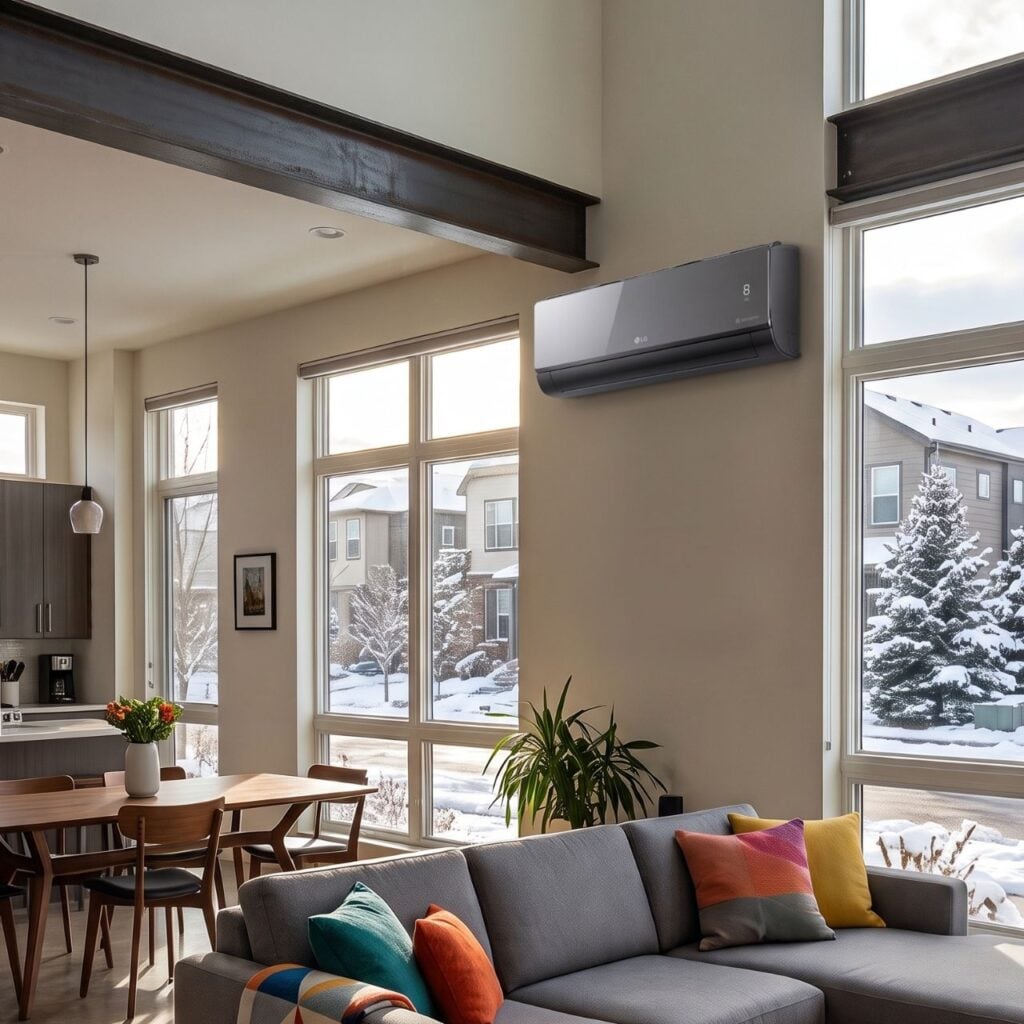 An LG RED Artcool Mirror indoor wall mount unit in a living room of a Denver modern home with snow out the window