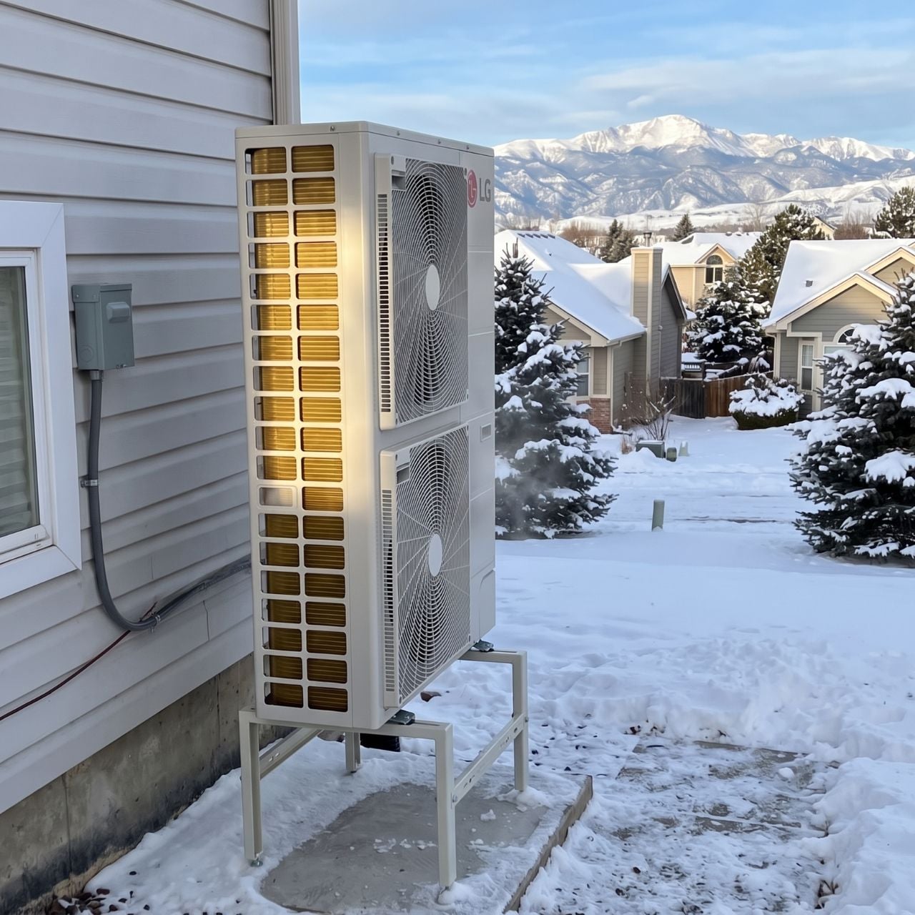 a gold fin LG Red heat pump installed on a concrete pad and elevated out of the snow at a Denver Metro home