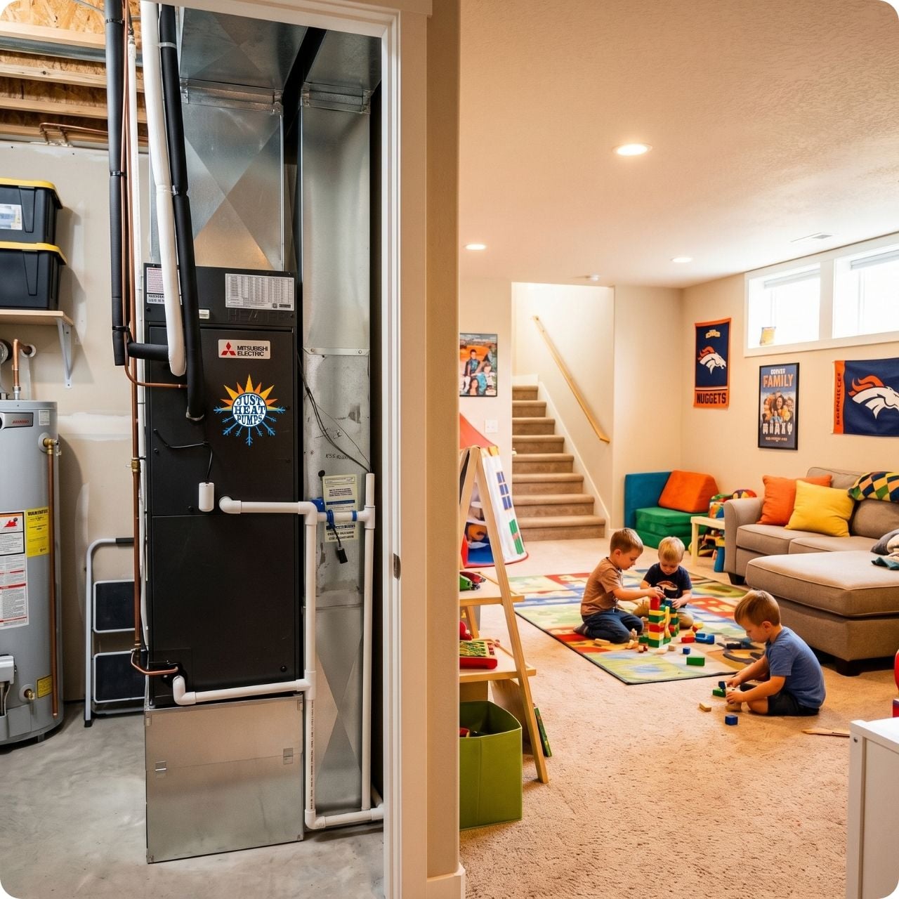 Some kids playing in a Denver basement (Broncos posters on the wall) with a Mitsubishi SUZ air handler shown in the utility room