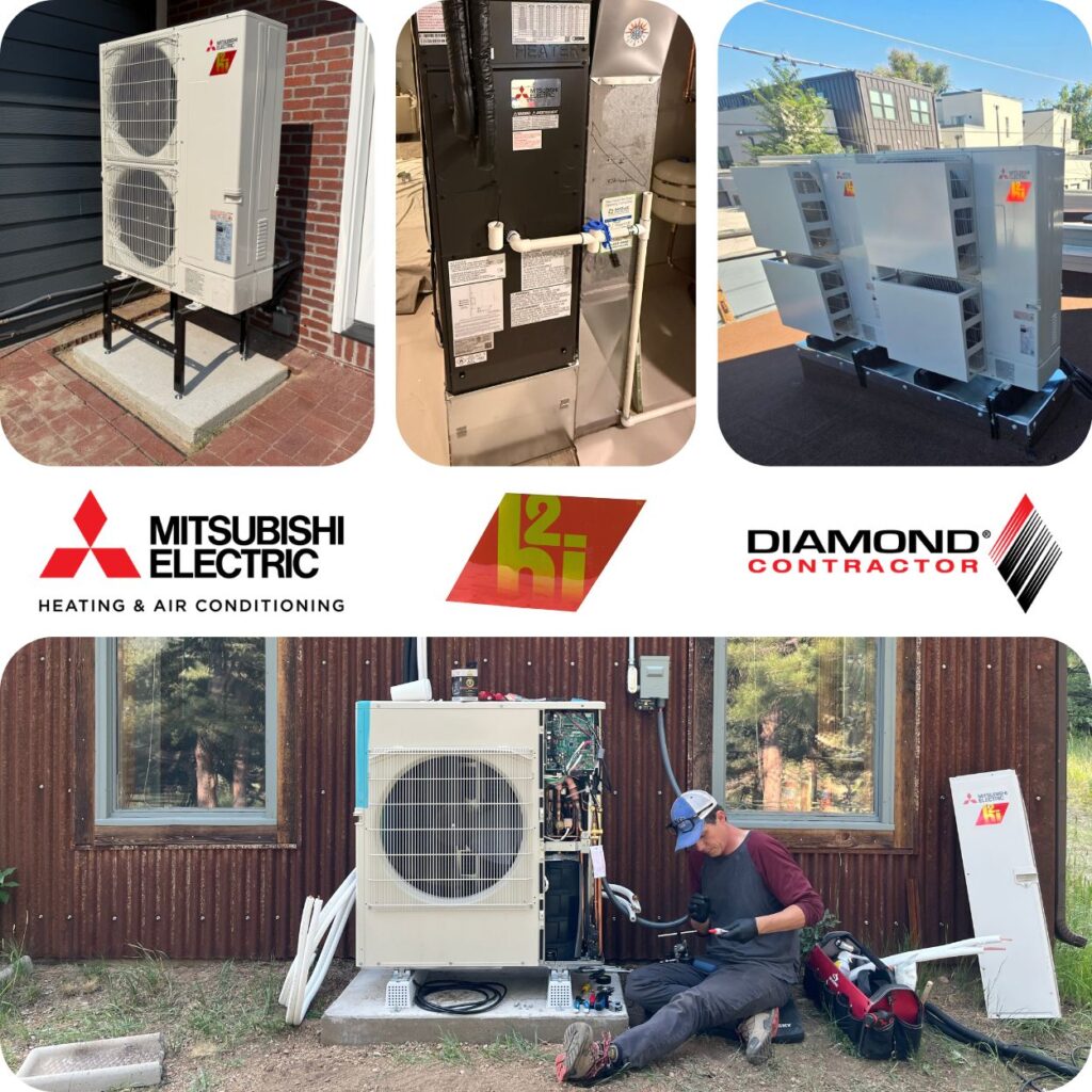 a collage of our Mitsubishi heat pump projects around denver colorado, including a roof mount, indoor air handler, and some condensers installed outside.