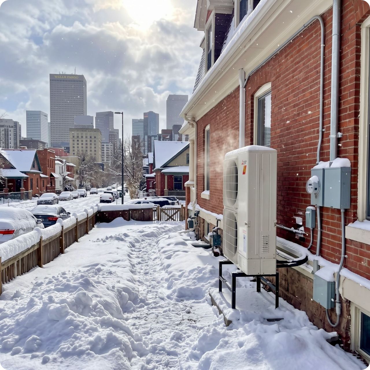a mitsubishi hyper heat heat pump installed close to the city in Denver CO, showing steam coming off the unit at a home