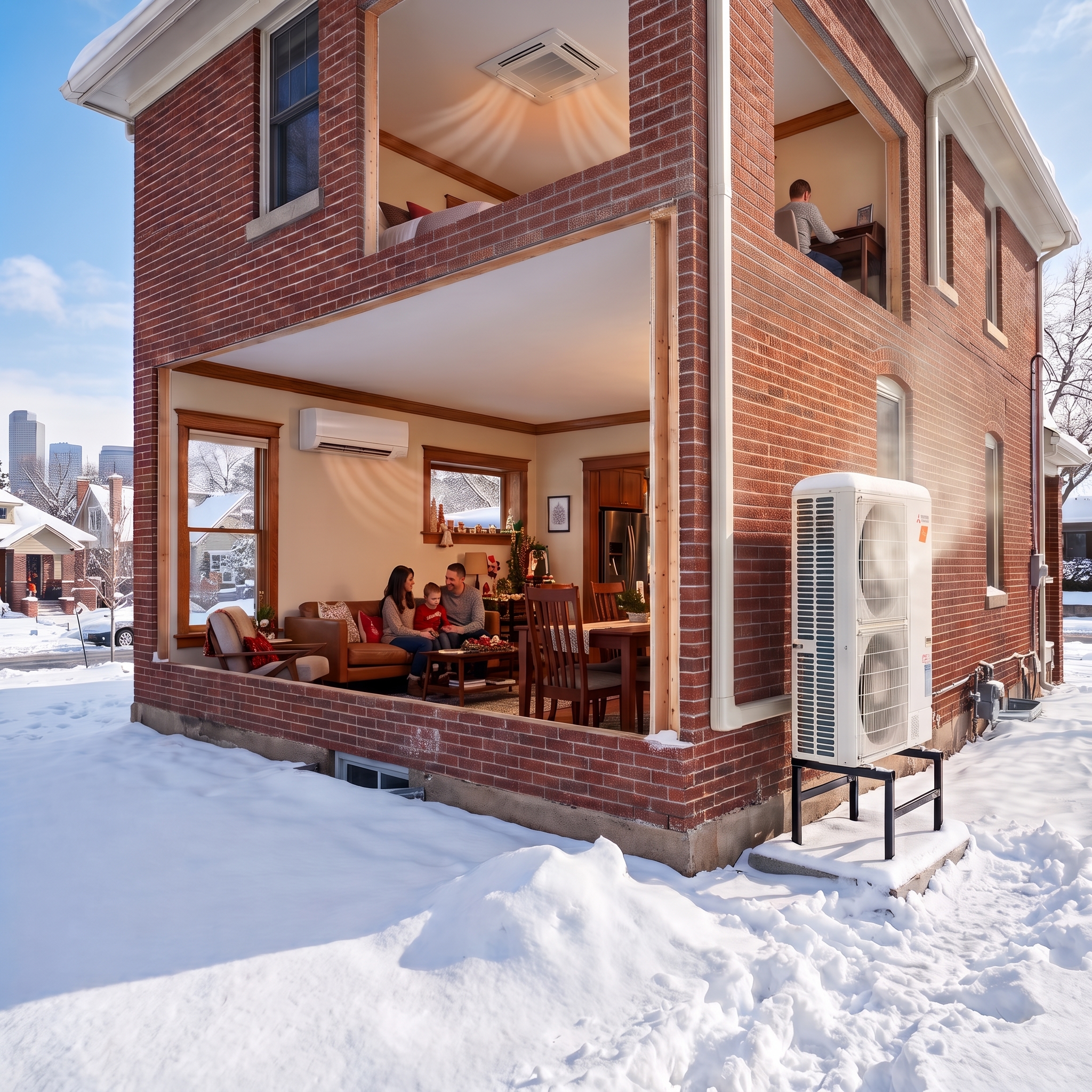 a cutaway of a denver home with a family inside showing a mitsubishi hyper heat heat pump outside with ductelss wall mount units and ceiling cassettes inside