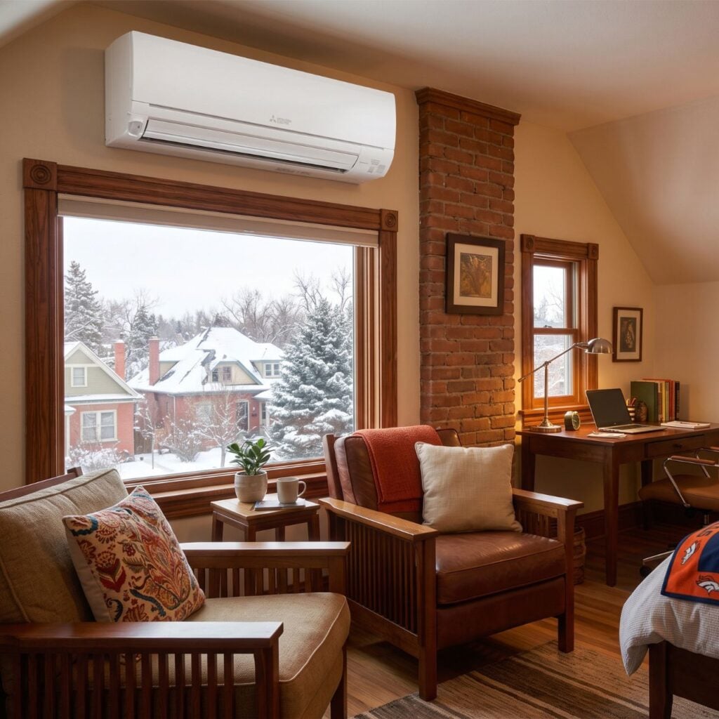 A Mitsubishi MXZ M series mini split heat unit installed above a winter that shows it's snowing outside in Denver